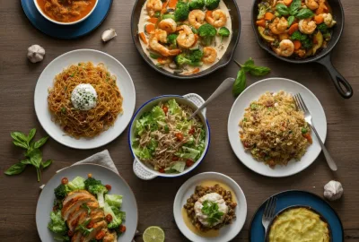 plates and pans of complete meals