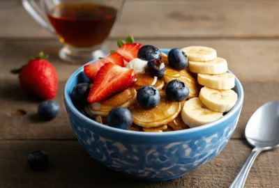 mini pancake cereal bowl berries on set table