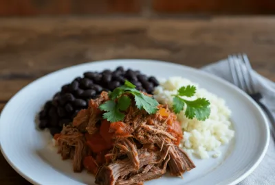 plated ropa vieja rice beans